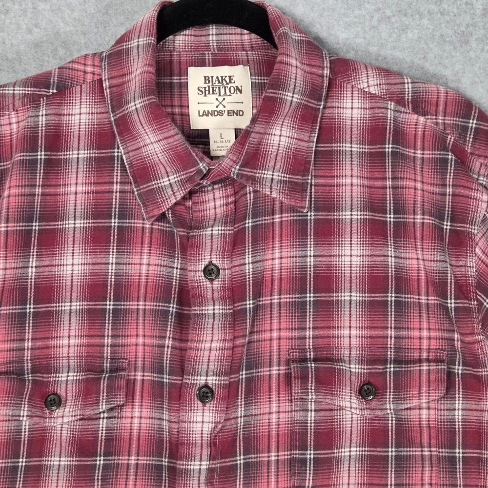Blake Shelton Lands End Men Large Button Shirt Red Plaid Flannel‎ Long Sleeve